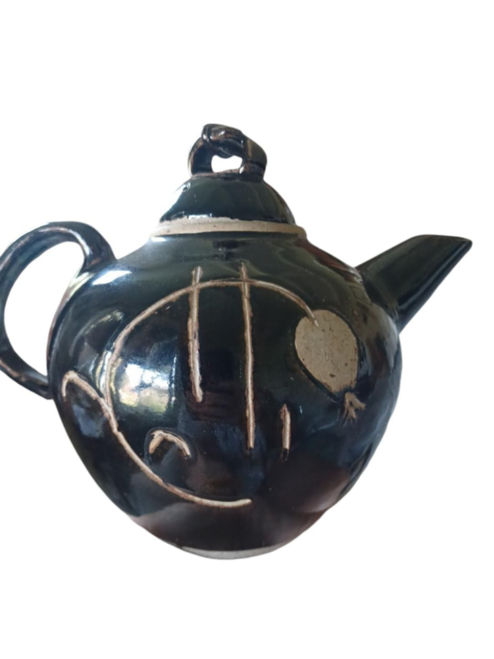 Handmade teapot pottery w. leaf flower design signed